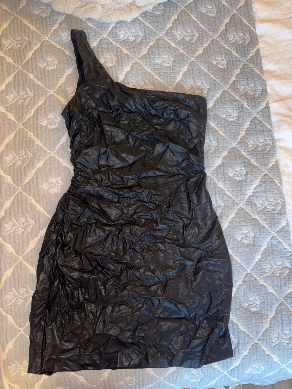 Black American Threads One-Shoulder Leather Mini Dress